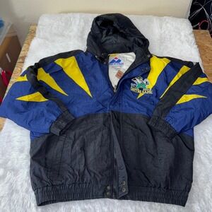 Vtg APEX ONE Notre Dame Fighting Irish Jacket Mens L G Blue‎ Yellow sharktooth